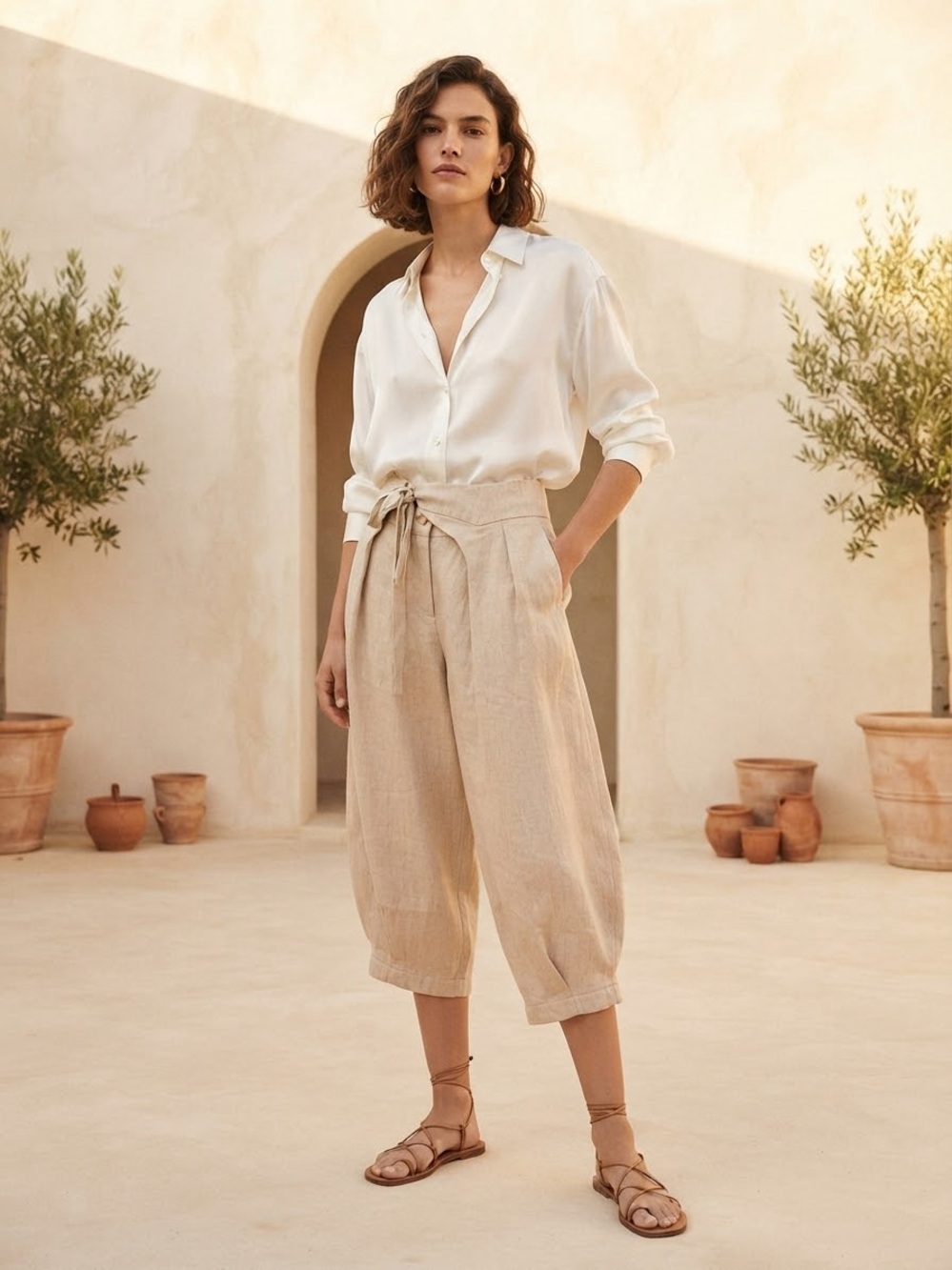 Vivian Shyu Bohemian Beige Wide-Leg Linen Capris with Tie Waist Size Medium,